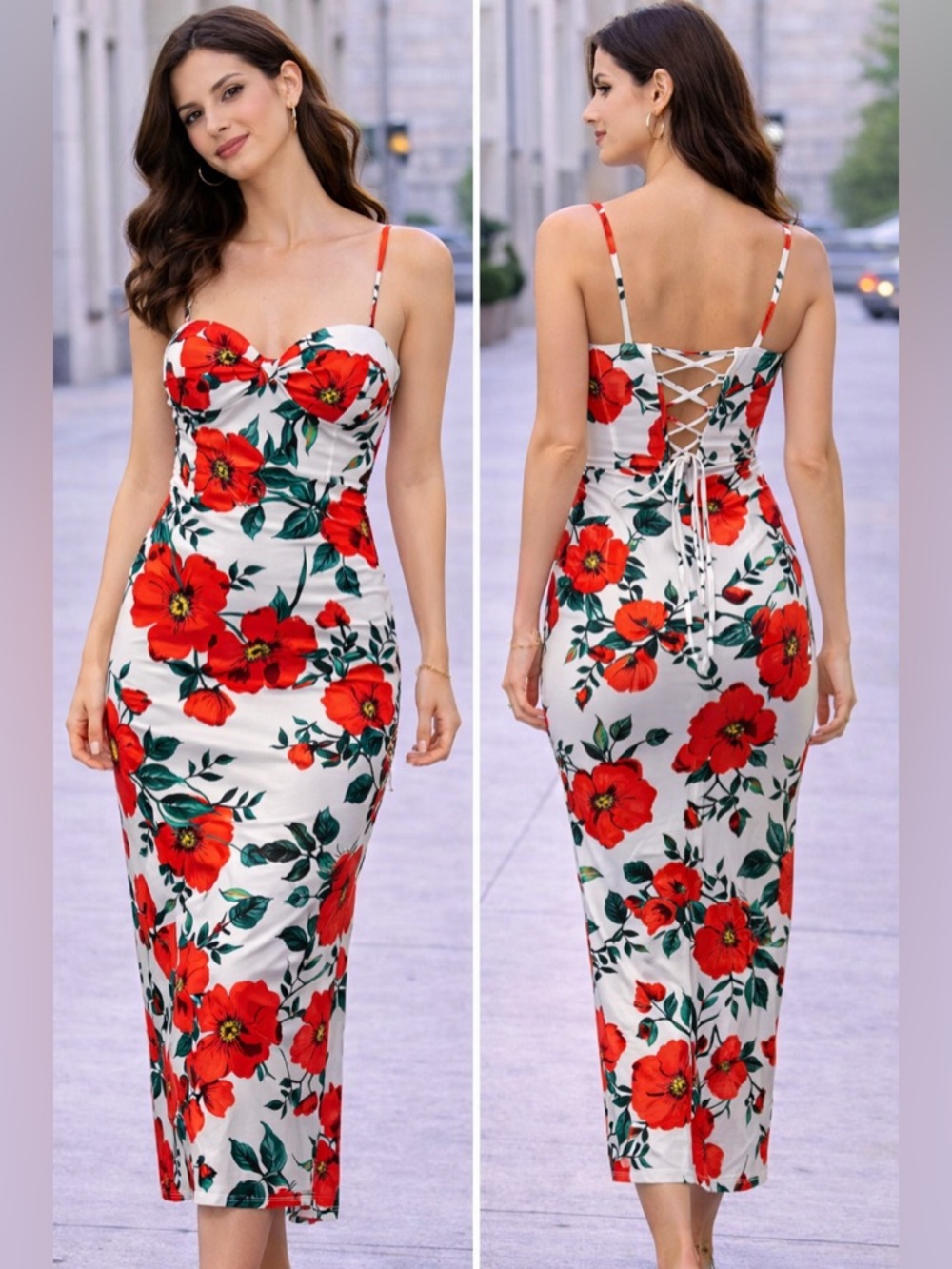 White Red Floral Midi Dress Summer Vacation Sundress Lightweight